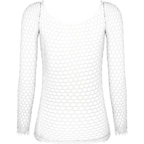 Lady See-through Mesh T-shirt Women Sexy Dress Exotic Costumes Round Neck Hollow Out Fishnet Tops Clubwear Female Bathing Suit