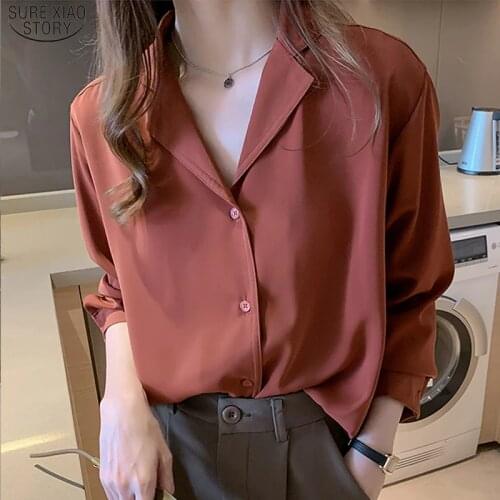 Korean Office Lady V-neck Shirts Button Loose Clothing 2021 New Women Chiffon Blouse Solid Female Red Shirt Blusas 9380 50