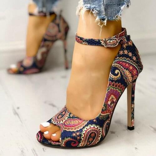 2020 New Summer Sandals Women Sexy Peep Toe Stilettos Print Flower Ankle Thin High Heels Female Fashion Ladies Shoes hot sell