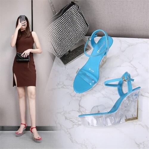 New Sexy Nightclub 10CM High Heels Womens Transparent Fur Sandals Catwalk Pole Dance Shoes Crystal Wedges Pumps Black White Red