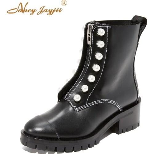 2021 Hayett Black Luxury Woman Ankle Boots Bota Brand Chunky Heels Ladies Shoes String Bead Pearl Front Zip Autumn Size 45 44 43