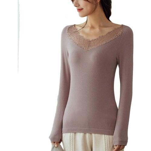 Womens Thermal Underwear Top Deep V Neck Long Sleeves Lace Sheer Seamless Thermal Underwear Shaper Black Brown