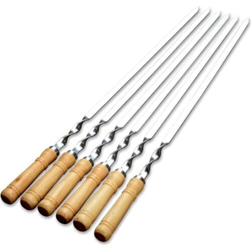6pcs 55cm BBQ Skewers Long Handle Shish Kebab Barbecue Grill Stick Wood BBQ Fork Stainless steel Outdoors Grill Needle