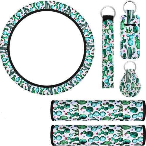 6PCS Cactus Car Accessories Steering Wheel Cover Anti-Slip Key Ring Decoration Set it is so bright, happy and warm