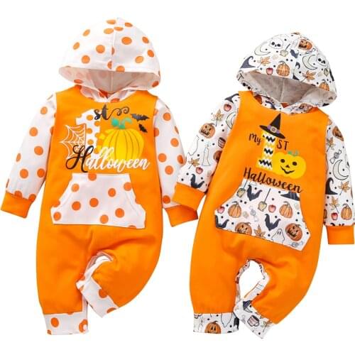 Baby Halloween Jumpsuit, Dots/Pumpkin Hooded Long Sleeves Romper with Buttons for Toddler Girls, Boys, 0-12 Months
