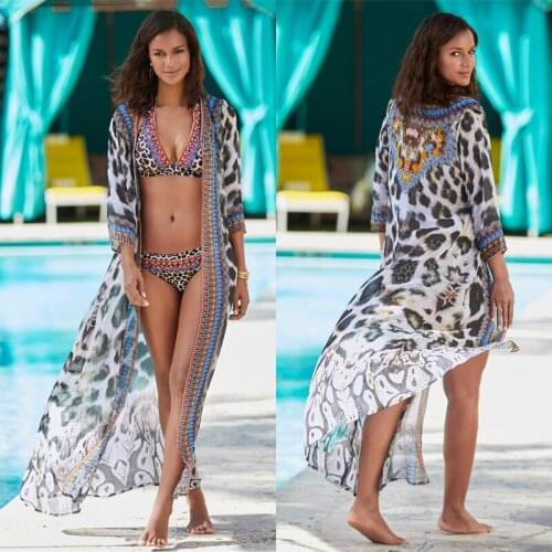 Long Maxi Cover Up Womens Swimsuit Bohemian Leopard Print Open Front Flowy Chiffon Kimono Cardigan Bathing Suit
