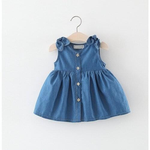 Summer Girls Kids Princess Dress Children Baby Infants Bow Spaghetti Sleeveless Jeans Pleated Dresses Vestidos S12428