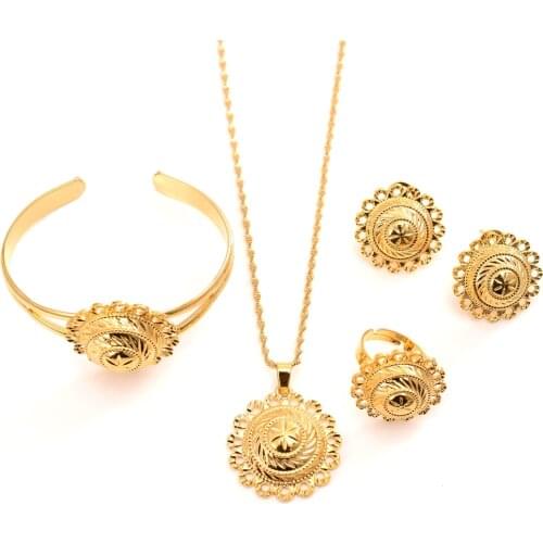 Ethiopian 24K Gold jewelry sets for women Wife gifts Necklace Pendant Earring Ring Dubai African Nigeria bridal wedding gifts