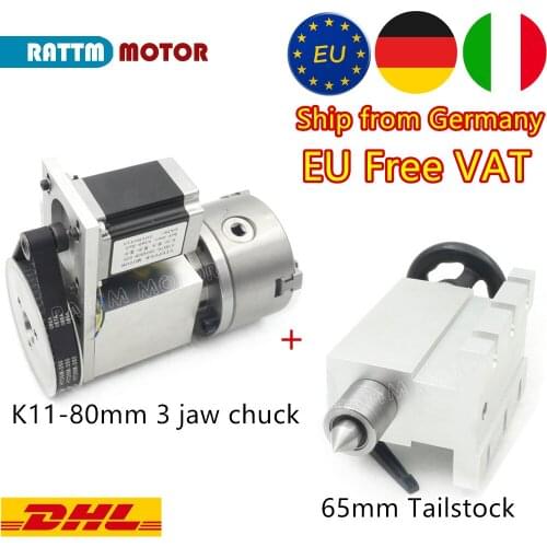 EU Ship!CNC 4th axis A aixs, rotary axis 3 jaw Chuck 80mm K11-80mm + 65mm Tailstock for Mini CNC router/woodworking engraving