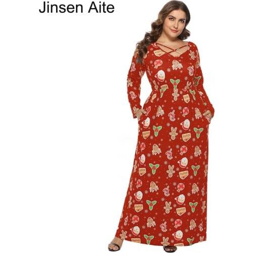 Jinsen Aite Women Casual Plus Size 5XL V Neck Cartoon Print Christmas Dress Long Sleeve Slim Dress Lady Vestidos Hot Sale JS732