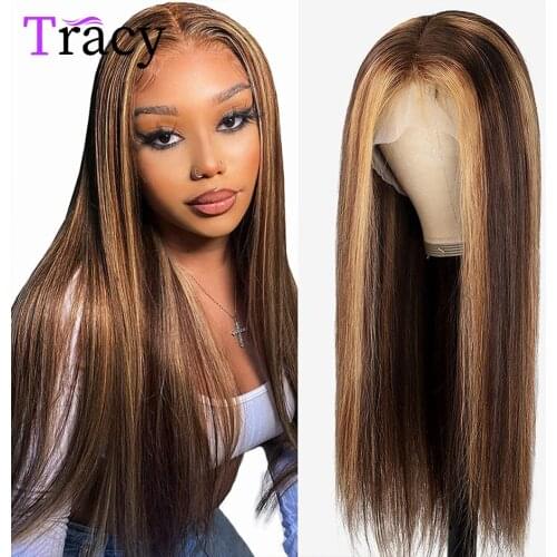 Mongolian Straight Human Hair Wigs Highlight Lace Front Wigs Ombre Colored 13X4 Lace Frontal Wigs 4x4 Lace Closure Highlight Wig
