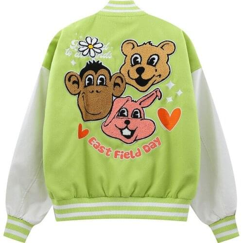 Mens Varsity Uniform Baseball Jacket PU Leather Sleeve Single Breasted Bomber Jacket Cartoon Animal Embroidery Casual Coat 2021