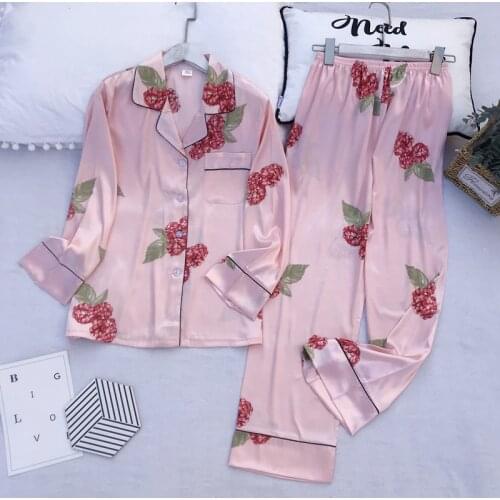 JULYS SONG 2 Pieces Faux Silk Womens Pajamas Set Spring Autumn Cute Colorful Printing Long Sleeves Sleepwear Female Homewear