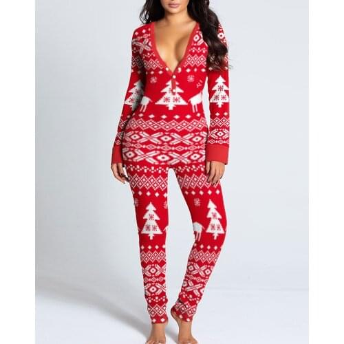 2021 New Functional Buttoned Flap Adults Sleepwear Pajamas One Piece Christmas Red Long Sleeve Homewear Festive Female Jumpsuit