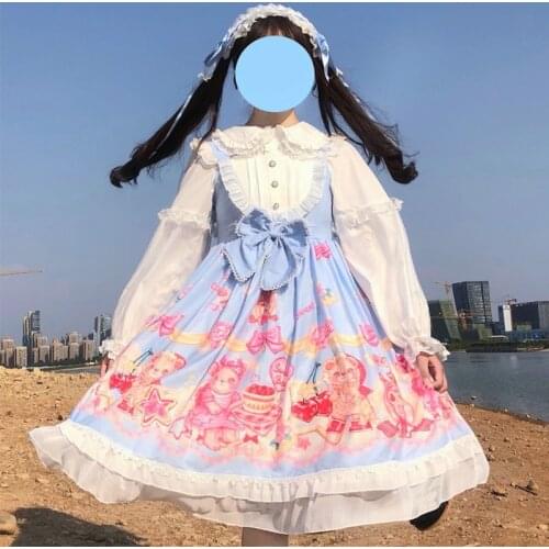 Sweet lolita dress bear strawberry cake tea party print jsk sleeveless dress vintage Kawaii victorian kawaii princess dress