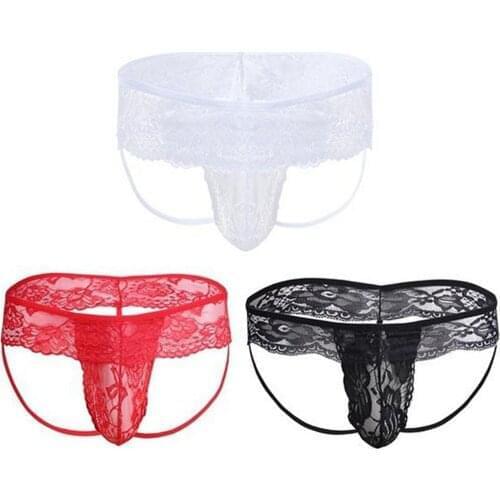 Sexy Men Lingerie Lace G-string Bikini Underwear Underpants Nightclub Stage Ice Silk Thongs Underwear Backless Lingerie 2021
