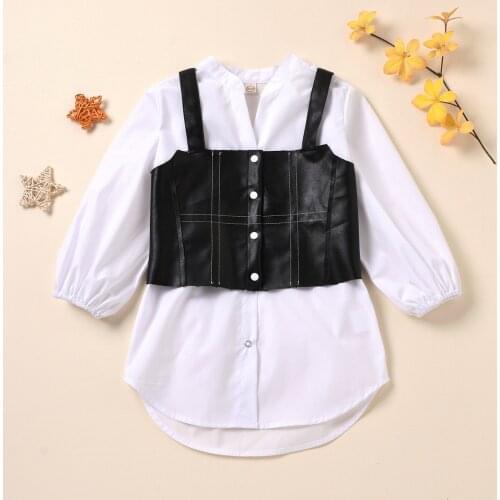 Teenster Fall Clothes for Kids Fashion Long Sleeve Blouse with Leather Vest Korean Toddler Girls Costume Spring Children Outfits