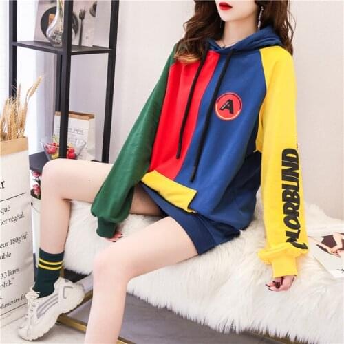 Spring Autumn Splice Color Sweatshirts Women Harajuku Streetwear Loose Pockets Pullovers Female Mid-Length Hoodies Ladies Tops