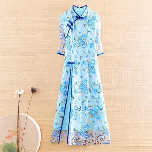 High-end Summer 2020 Women Lace Cheongsam Dress Chinese Style Retro Half Sleeve A-line Elgant Lady Party Qiapao Dress S-XXL