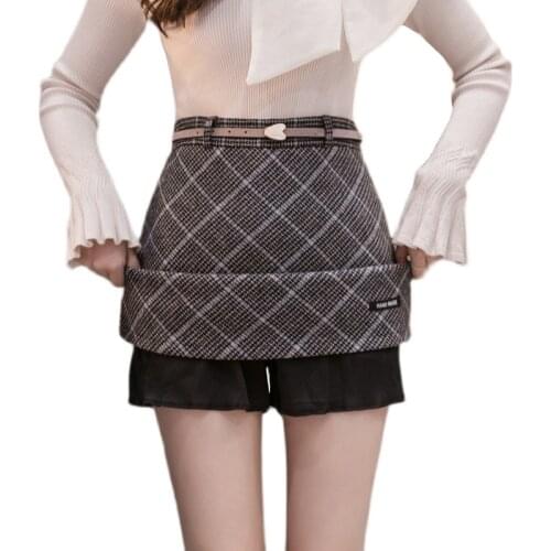 Vintage Checked Plaid Mini Skirts Womens 2021 Autumn Winter Fashion Belted High Waist Woolen Skirt Woman Skirts Faldas Cortas