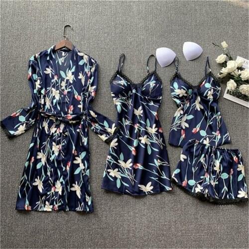 Pajamas womens thin section of home service long-sleeved summer sexy Nightwear 4 PC Korean pyjamas lace robe new pijama