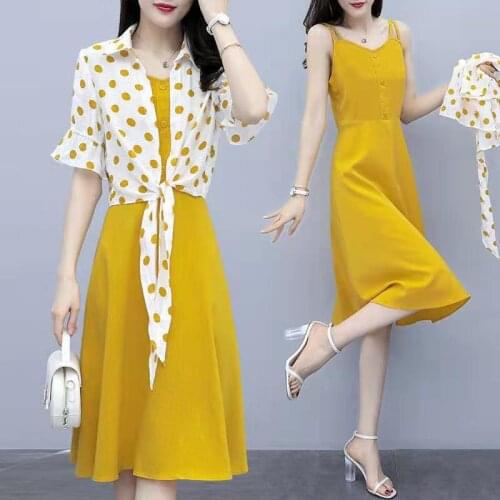 Fashion Print Tops+Solid Color Yellow Dress 2 Piece Set Women 2021 New Summer Dress Mid-Calf Length Dresses Strap Vestido Female