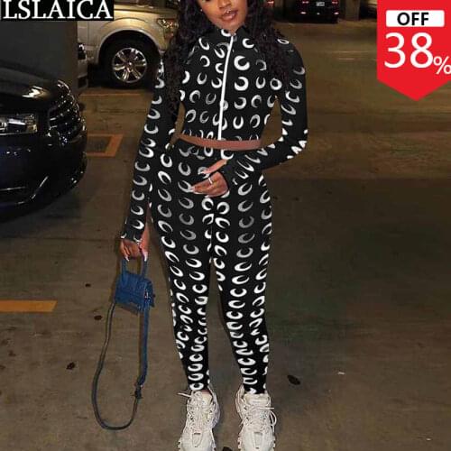 Fitness Sportswear Fashion Two Piece Set Women Tracksuit Autumn Print Zipper Lady Outfits Long Sleeve Top and Pants Set Casual