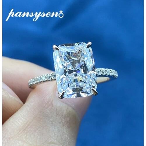 PANSYSEN 100% 925 Sterling Silver Radiant Cut Simulated Moissanite Diamond Engagement Ring Wedding Band Fine Jewelry Wholesale