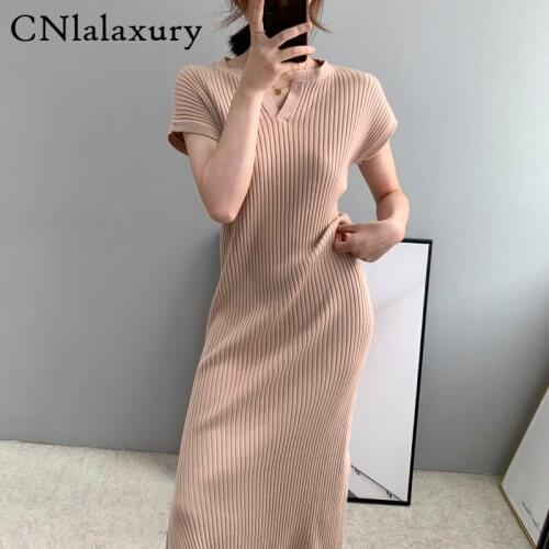 Spring Autumn Women Knitted Dress V neck Sweater Dresses Lady Slim Bodycon Short Sleeve Bottoming Robe Femme Dress Vestidos