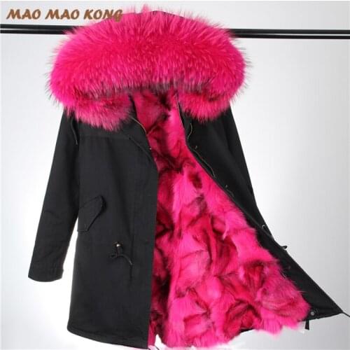 2020 New Fashion Women Winter Coat Army Green Thick Parkas Large Real Raccoon Fur Collar Hooded Fox Fur Lining Winter Jacket