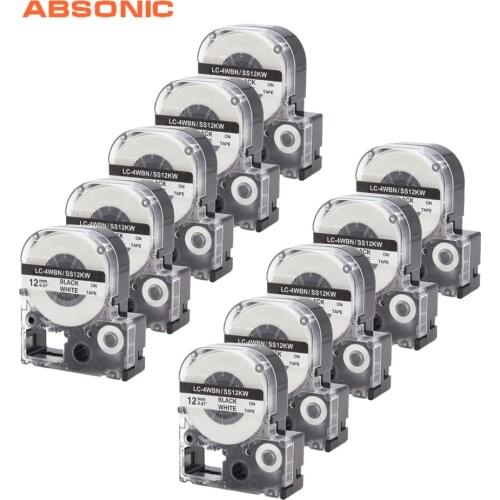 Absonic 10PCS 12mm*8m SS12KW LC-4WBN9 LK-4WBN LC-4WBN Black on White Tape For EPSON KJ LW-300 LW-400 LW-500 LW-600P Label Maker