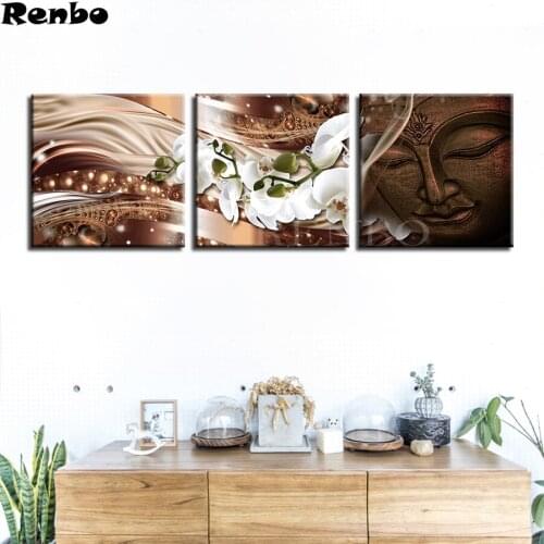 5D Diy Diamond Painting Buddha White Magnolia Orchid Flower Full square mosaic Single picture of Rhinestone Wall Art 3 Pcs A179