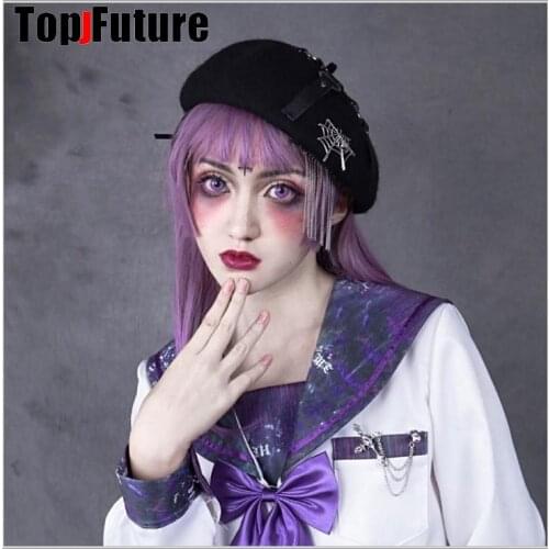 Tassel Gothic dark wool pure black metal leather PU ring splicing Beret accessories cap hat lolita cosplay hat