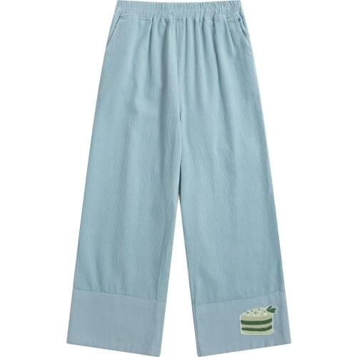 Spring Autumn New Perppy Style Women Straight Pants Capris Ankle-length Pants Corduroy Cartoon Cake Embroidery Elastic Waist