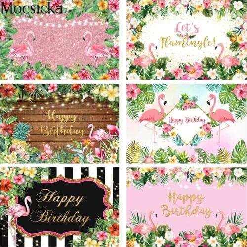 Lets Flamingle Happy Birthday Background Summer Aloha Birthday Party Backdrop Decoration Flamingo Tropical Flowers Green Leaves