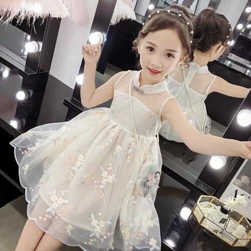 Child Hanfu Dress Chinese Dance Costumes Embroidery Cheongsam Mesh Skirts Chinese Style National Costume For Children SL1093