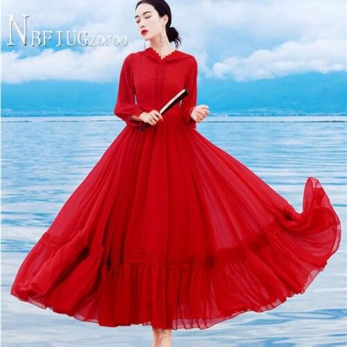 Travel Long Style Women Dress New Fairy Red Color Chiffon Hooded Vacation Female Dresses
