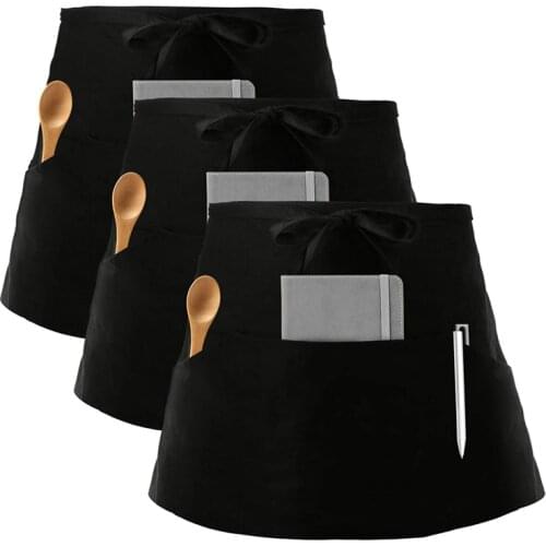 Waist Apron, Black Waiter Waitress Aprons with 3 Pockets Bistro Restaurant Gardening Half Apron for Men and Women Black