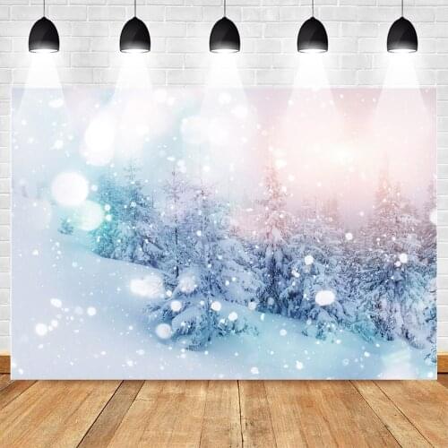 Winter Snow Bokeh Backdrop Christmas White Snow Forest Sunshine Happy Christmas Photo Background for Children Portrait Backdrops