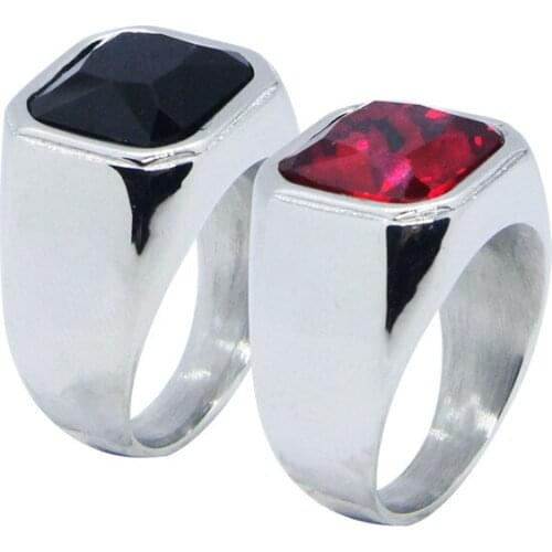 Size 7-14 Cool 316L Stainless Steel Soild Fashion Red Black Stone Ring Vintage Ladies Mens Cool Simple Square Ring