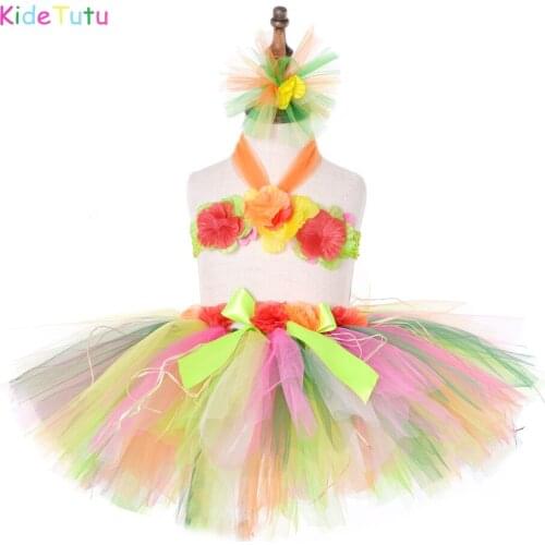 3pcs Hawaiian Hula Tutu Set Baby Girls Birthday Luau Party Dress Kids Halloween Beach Bonfire Vacation Holiday Dress Up Costumes