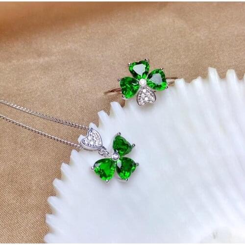Natural green diopside gem jewelry sets natural gemstone ring Pendant Earrings 925 silver Elegant lovely Clover girl giftjewelry