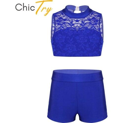 ChicTry Kids Dance Wear Sleeveless Floral Lace Girls Ballet Gymnastics Shorts with Crop Tops Set Stage Performance Dance Costume