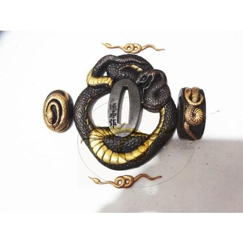 A Suit Of Copper Tsuba Guard for Japanese Samurai Sword Katana W/ Gilt Snake @2048