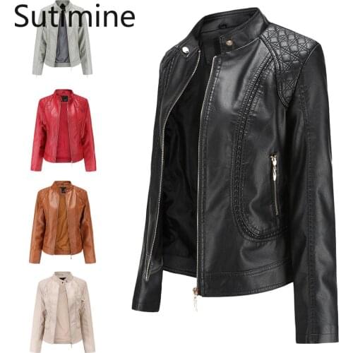 Sutimine Autumn Womens PU Leather Jacket Large Size Stand Collar Zipper Mat Quality Oversize Long Sleeve Crop Jacket Coat