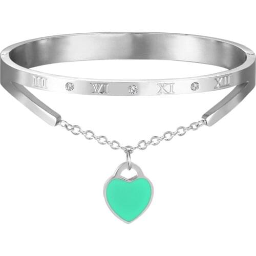 New Arrival Top Quality Roman Numeral Bangle Hang Heart Shape Light Blue And Pink Charm Woman Bangle Jewelry Bracelet Love Gift