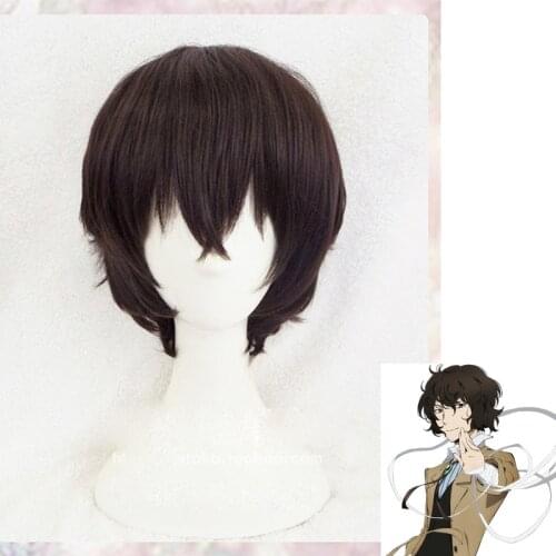 High Quality Anime Bungo Stray Dogs Cosplay Dazai Osamu Wigs Short Dark Brown Heat Resistant Hair Synthetic Cosplay Wig +Wig Cap