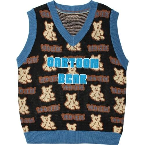 LACIBLE Men Streetwear Harajuku Knitted Sweater Vest Letter Bear Pattern Waistcoat Sleeveless Vest Loose Casual Pullover Tank