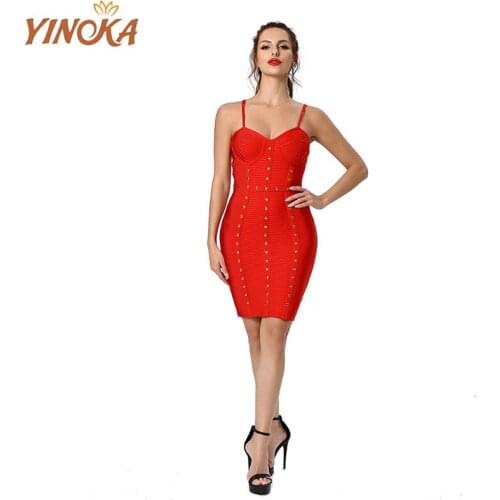 Yinoka Sexy Bandage Dress Spaghetti Strap Red Beading Bodycon Elegant Sleeveless Night Clubwear Party Dresses for Women