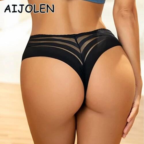 AIJOLEN Sexy Mesh Hollow Lace Thong and G-String Stitching Striped Ladies Underwear Solid Color Close-fitting Panties